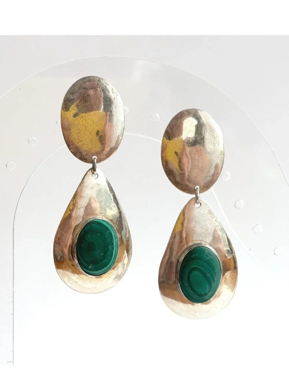 Malachite Inlaid Teardrop Clip On 800 Silver Drop Southwest Style Earrings